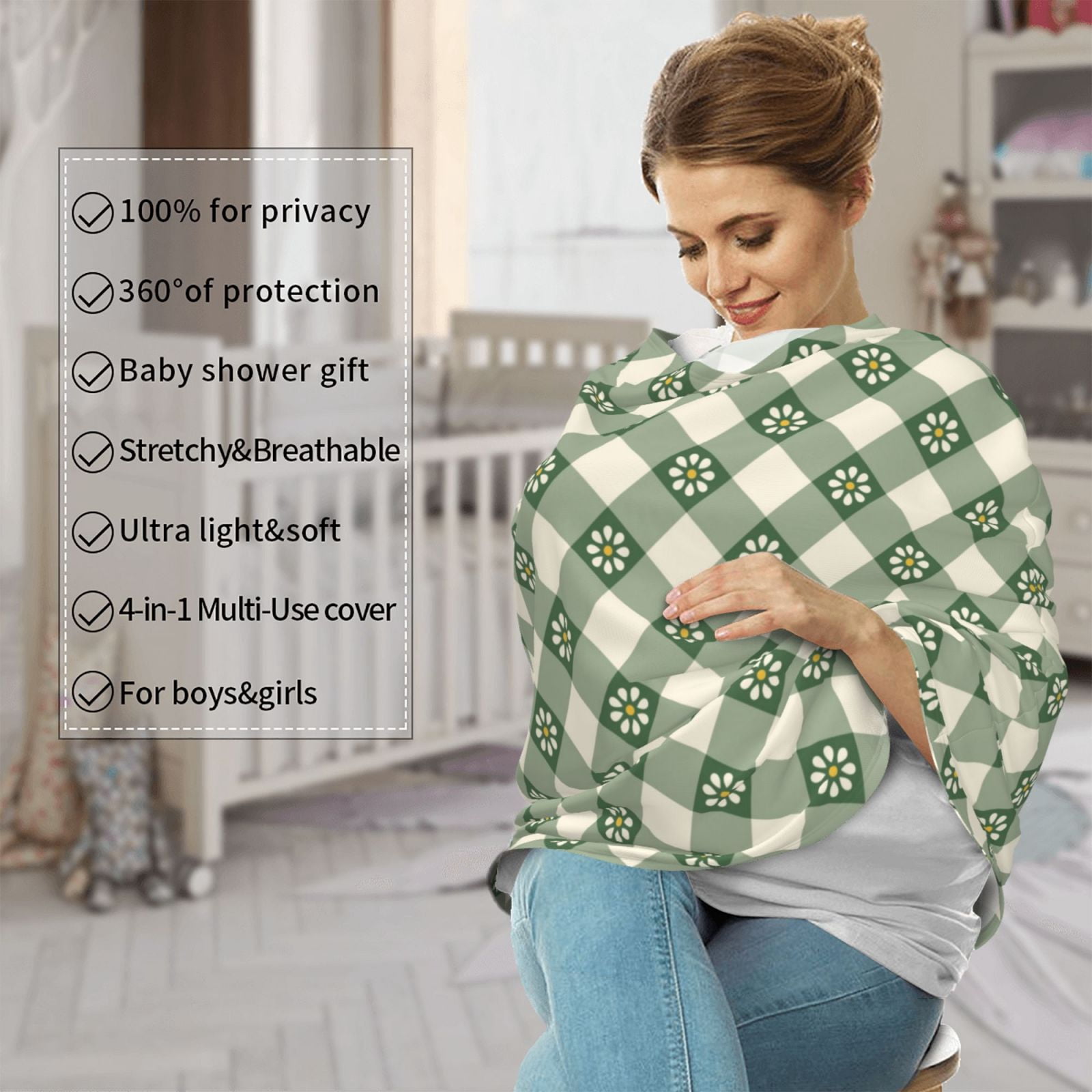 Fotbe Daisy Plaid Green Pattern Car Seat Covers for Babies, Nursing Breastfeeding Cover Infant Carseat Canopy, Soft Stretchy Carrier Cover