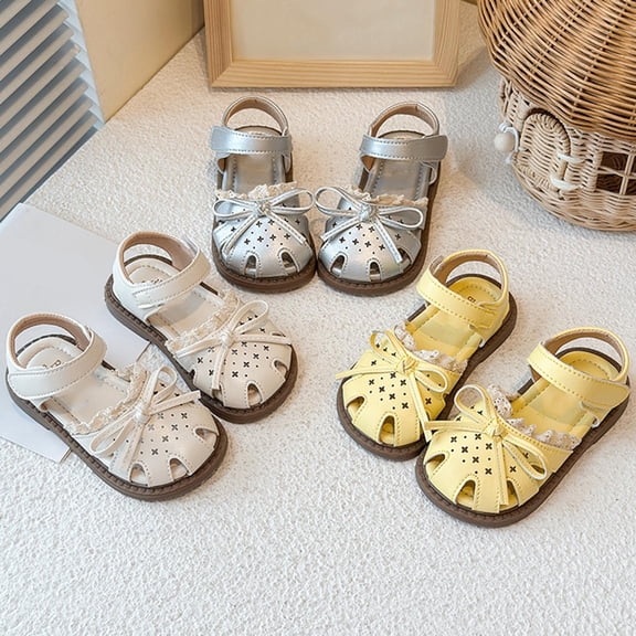 WAVSUF Toddler Girls Breathable Sandals Closed Toe Soft Sole Retro Bowknot Summer Fashionable Cute Flats Yellow Size 11 Little Kids