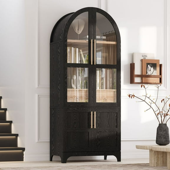 LUMAMIN Arched Bookcase, 71" Farmhouse Bookshelf Display Cabinet with Door Shelves, Adjustable Shelves, Hidden Drawer & Glass Door, Black
