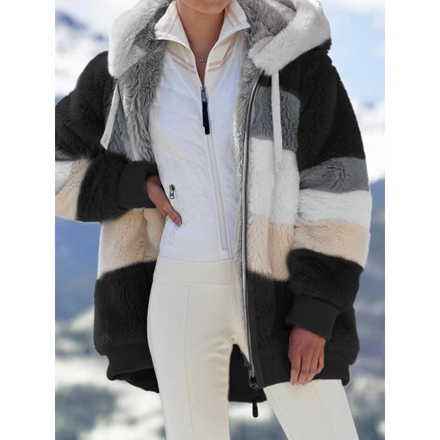 Abrigo holgado con capucha y bolsillo con cremallera para mujer, cálido, de felpa, estilo europeo y americano, otoño e invierno, 2023
