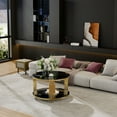 thumbnail image 4 of Modern Coffee Table with Golden Metal Drum Base and Glass Top, Stain-Resistant, No Assembly Required, Circular Design with Lower Shelf, Contemporary Furniture for Living Room, 4 of 9