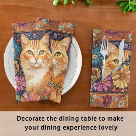 

BZSMCE Satin Native Fab Cotton Dinner Napkin Orange Cat Reusable