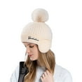 thumbnail image 2 of Women's Winter Knit Beanie with Pom Pom, Plush Lined Ear Flap Hat, Double-Lined Thermal Winter Hat, Soft Wool Blend Cold Weather Cap for Outdoor Activities Beige, 2 of 3