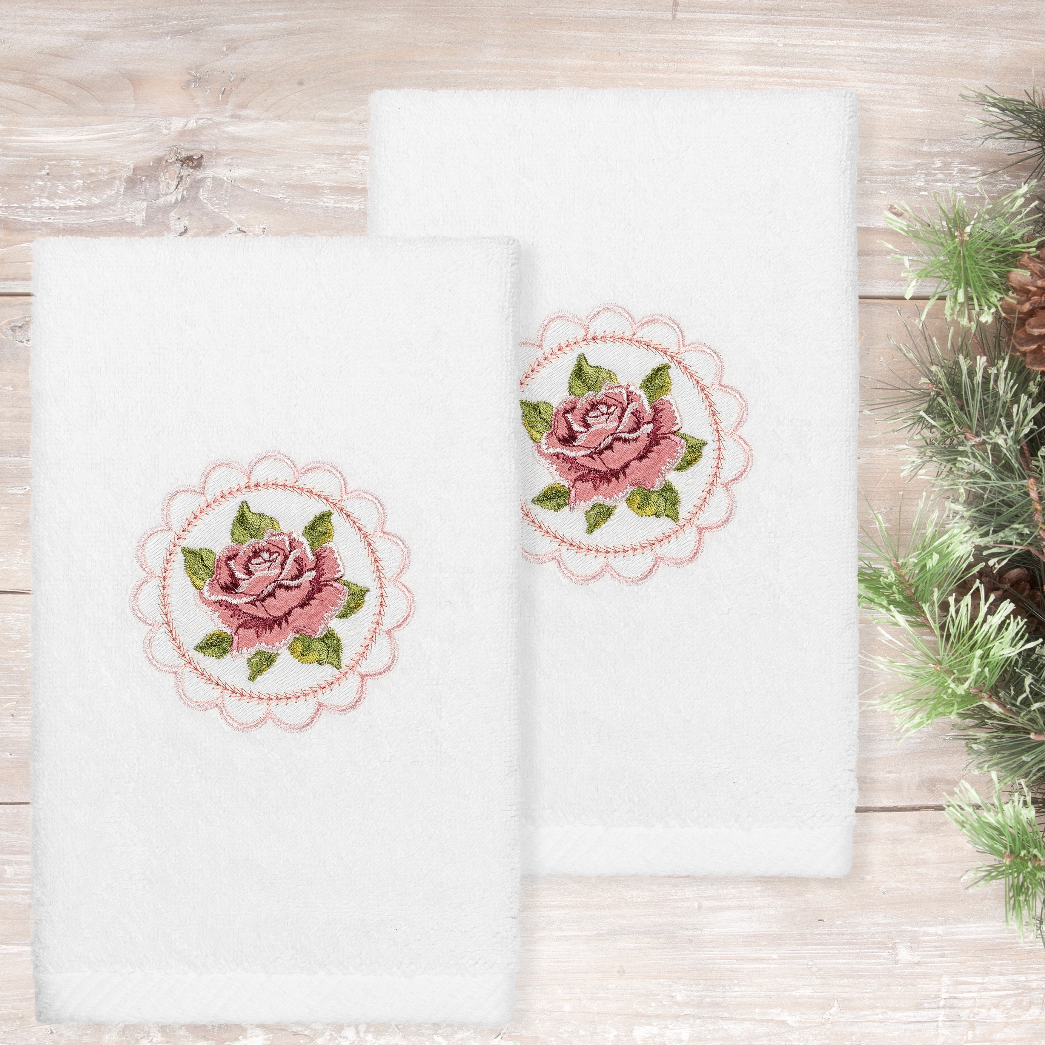 Linum Home Textiles Rosalee Embroidered Luxury 100% Turkish Cotton Hand Towels (Set of 2)