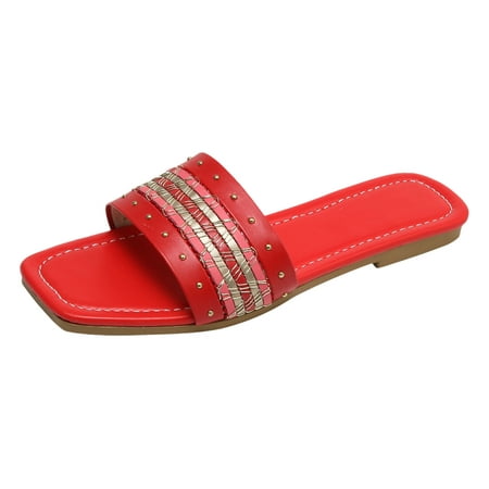 

SEMIMAY Women Sandals Fashion Simple Pattern Slippers Square Heel Open Toe Comfortable Large Non Slip Slippers Red