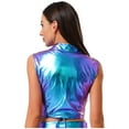 thumbnail image 3 of TTAO Womens Sleeveless Shiny Metallic Crop Tank Top Lapel Collar Wrap Laceup Vest Rave Outfits Holographic Blue S, 3 of 7