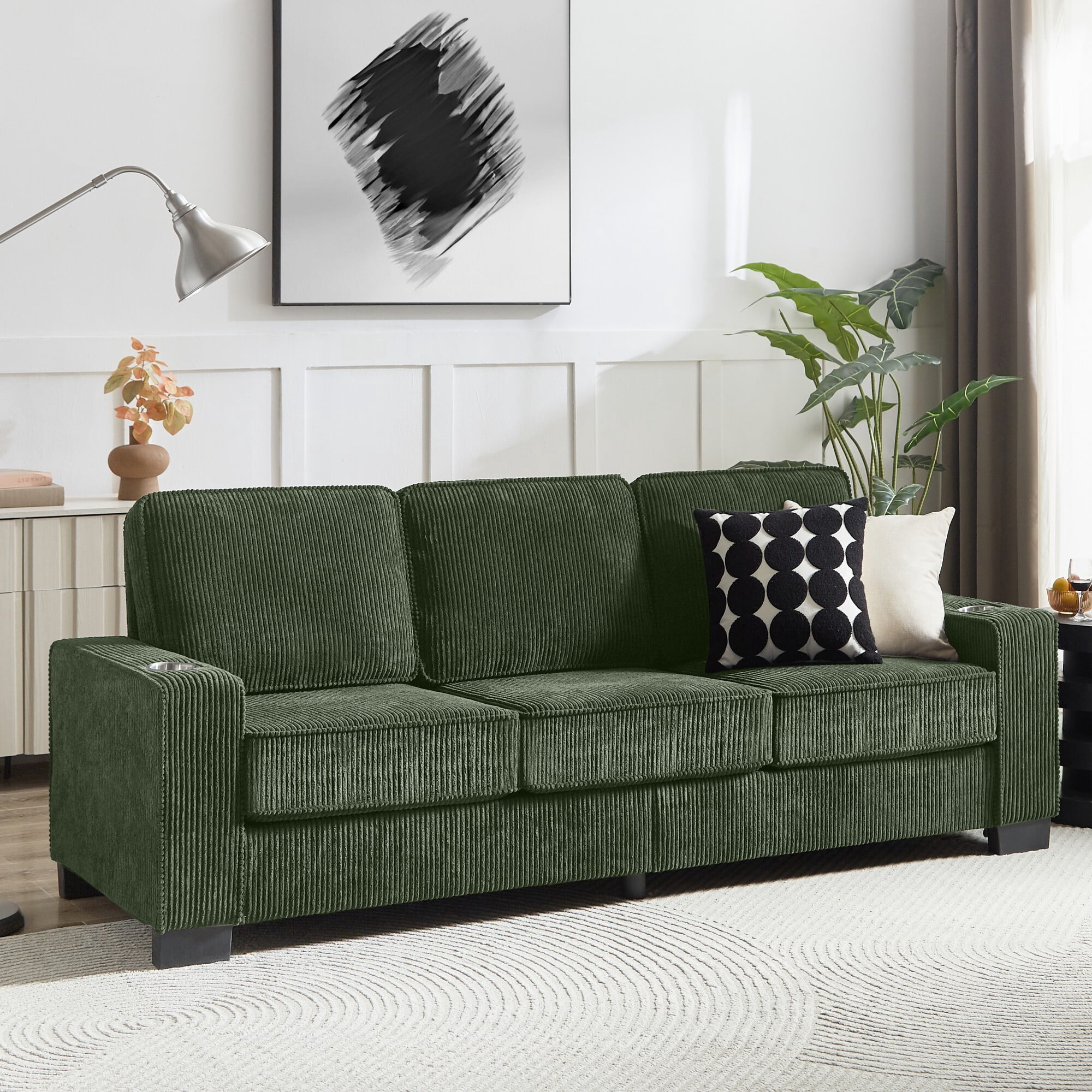 AENKYO 84" Modern Corduroy 3-Seater Sofa, Compressed Couch with Built-in Cup Holders & Washable Covers, Green