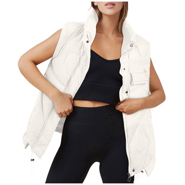 Gibobby Chalecos de invierno para mujer, Chaleco acolchado con cierre para mujer, cuello alto, sin mangas, con bolsillos(Blanco,G)
