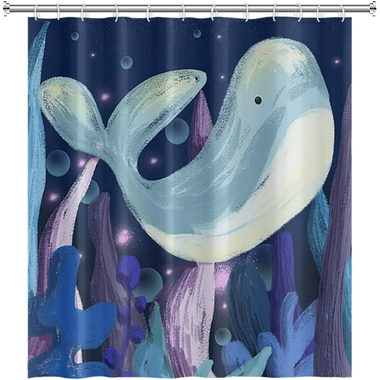 JOOCAR Cartoon Whale Bathroom Shower Curtain Undersea Hand Painted Cute  Animal Plants Bath Curtain with Hooks Waterproof Polyester Fabric Shower