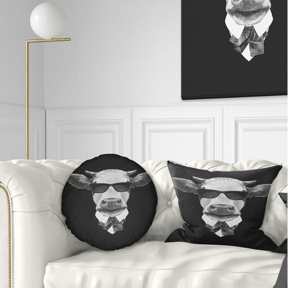 Designart Funny Cow in Suit with Glasses - Animal Throw Pillow - 12x20