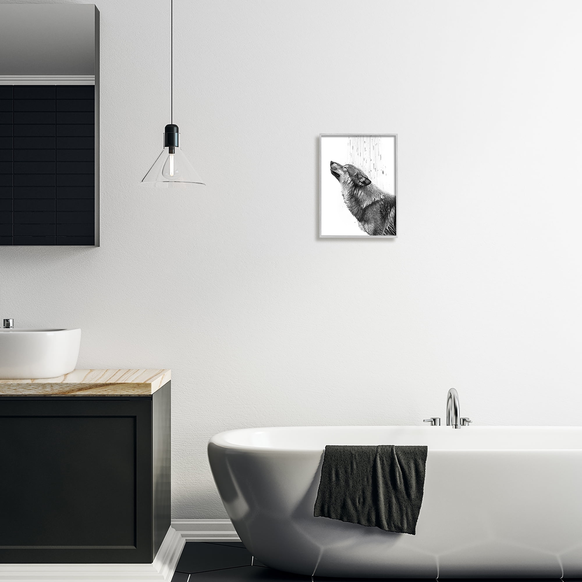Stupell Industries Wolf in Bathroom Splash Animals & Insects Painting Gray Framed Art Print Wall Art, 11 x 14