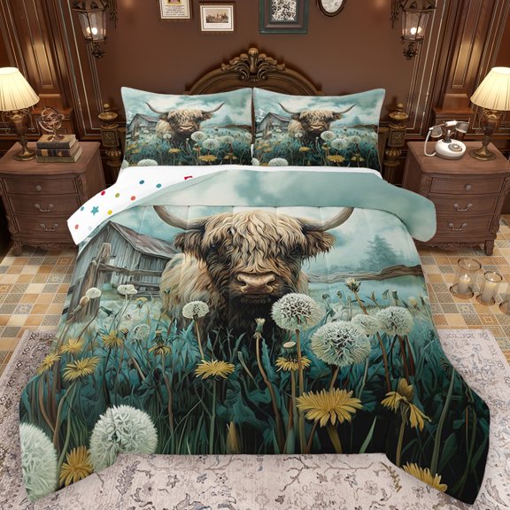Castle Fairy Highland Cow Bedding Comforter Set 2pcs for Teens Boys Girls,Western Farmhouse Twin Comforter Sets Microfiber,Chic Floral Dandelion Breathable Bedding Set,Lightweight Room Decor