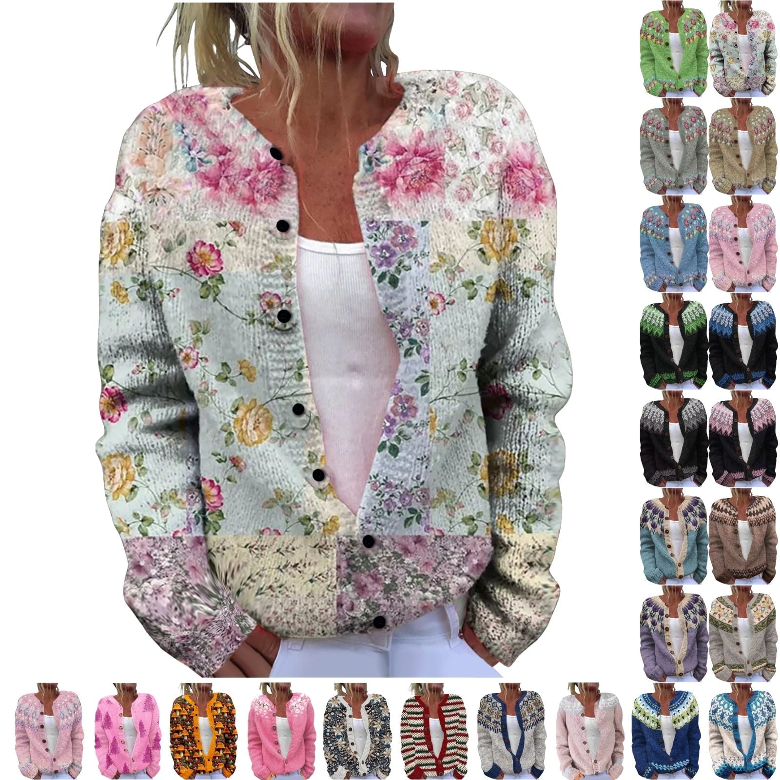 Fengactive Women's Fall Cute Floral Print Open Front Knit Cardigan Sweater Winter Casual Loose Button Down Long Sleeve Coat