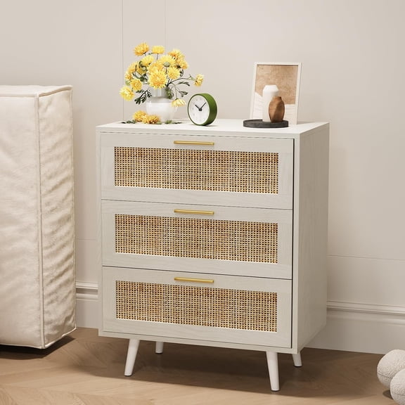 Rattan Night Stand Boho End Table with 3 Storage Drawer Wooden Bedside Tables Bed Side Table Accent Tables for  Small Space (White  Oak)