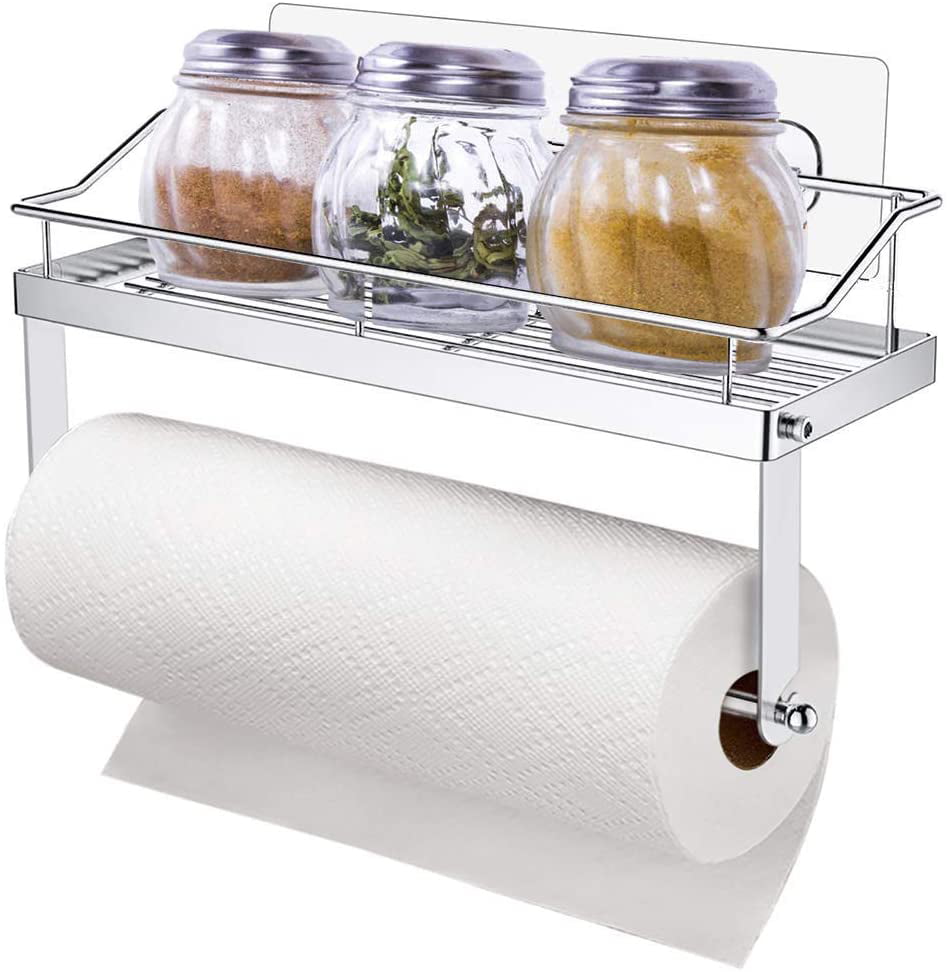 SUS 304 Stainless Steel Rustproof No Drilling Adhesive Paper Towel Holder with Shelf Storage Wall Basket for Kitchen & Bathroom Accessories 