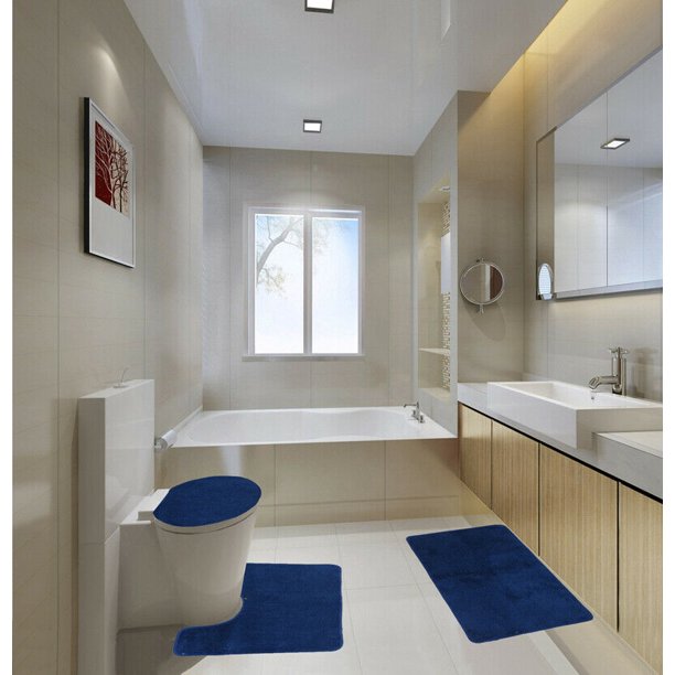 3 Piece Luxury Plush Navy Blue Soft Bathroom Bath Mat Set Extra Absorbent Solid Bath