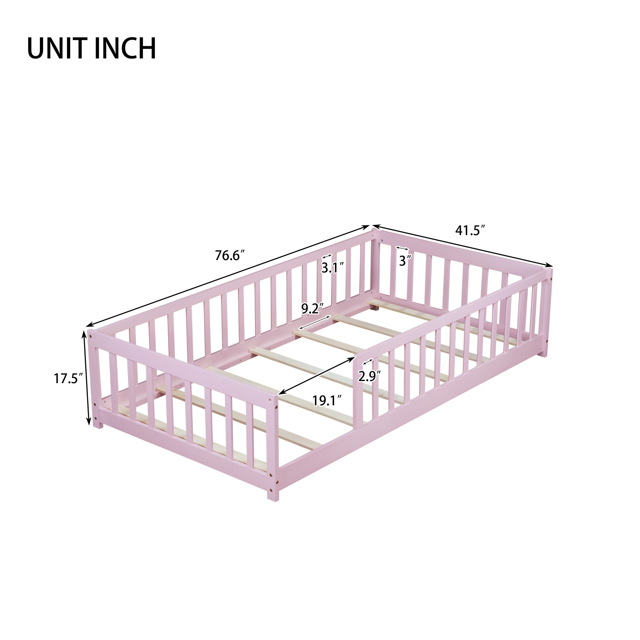 Noble House Wahid Twin Size Floor Bed with High Safety Guardrails, Rubber Wooden Bed Frame, Pink