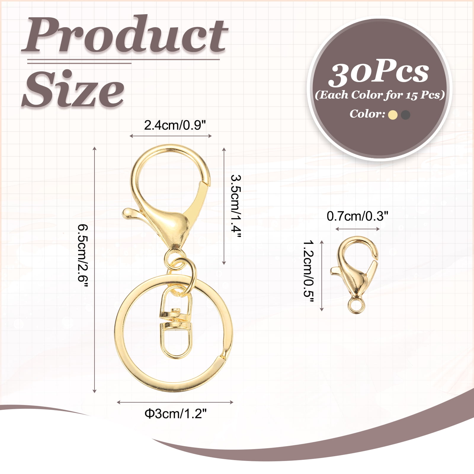 Uxcell Lobster Claw Clasps Keychain, 30 Pcs Metal Lobster Claw Clasp Hook with Swivel Trigger Clip and Keychain Ring for Diy Craft Key Chain Accessories, Light Gold/Black Gray