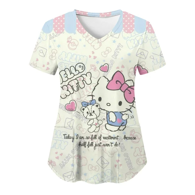 RWJDXD RWJDXD Uniforme d'Infirmière, Blouses Hello Kitty pour Femmes, Imprimé Cartoon, Manches Courtes, Poches, Uniformes Médicaux