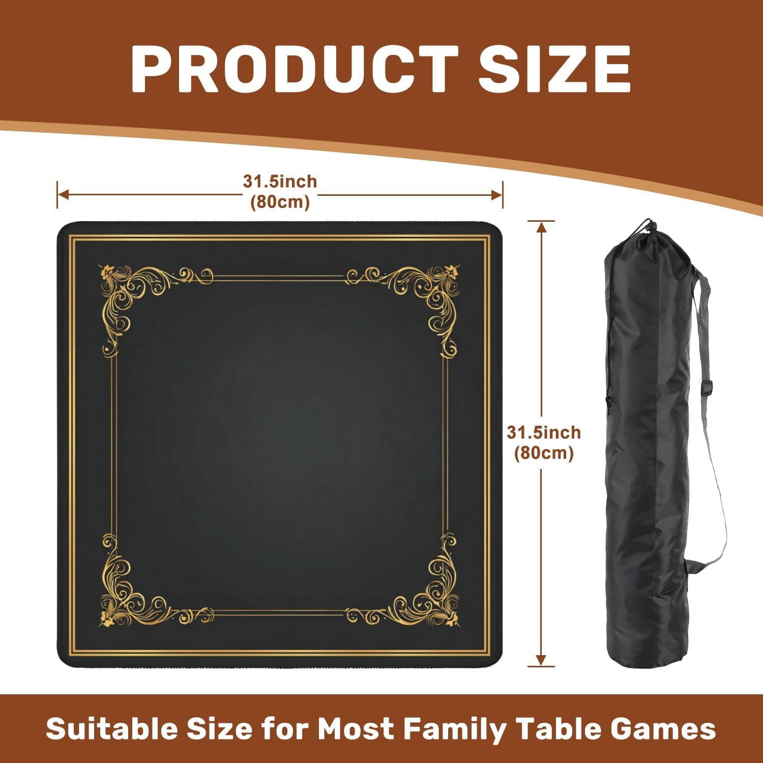 Mahjong Mat 31.5" x 31.5" Elegant Black Gold Ornamental Frame Vintage Flourishes Non-Slip Noise Reduction Mahjong Tiles Table Cover for Dominoes Poker Card Board and Tile Games Gift