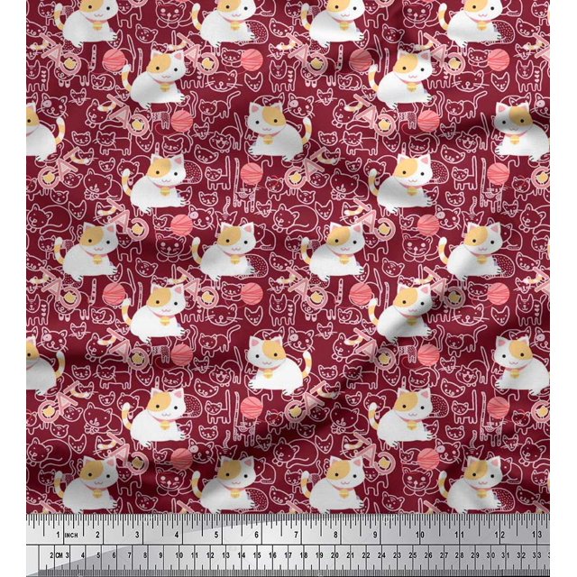 Soimoi Poly Crepe Fabric Wool & Cat Kids Print Fabric by The Yard 52 Inch Wide