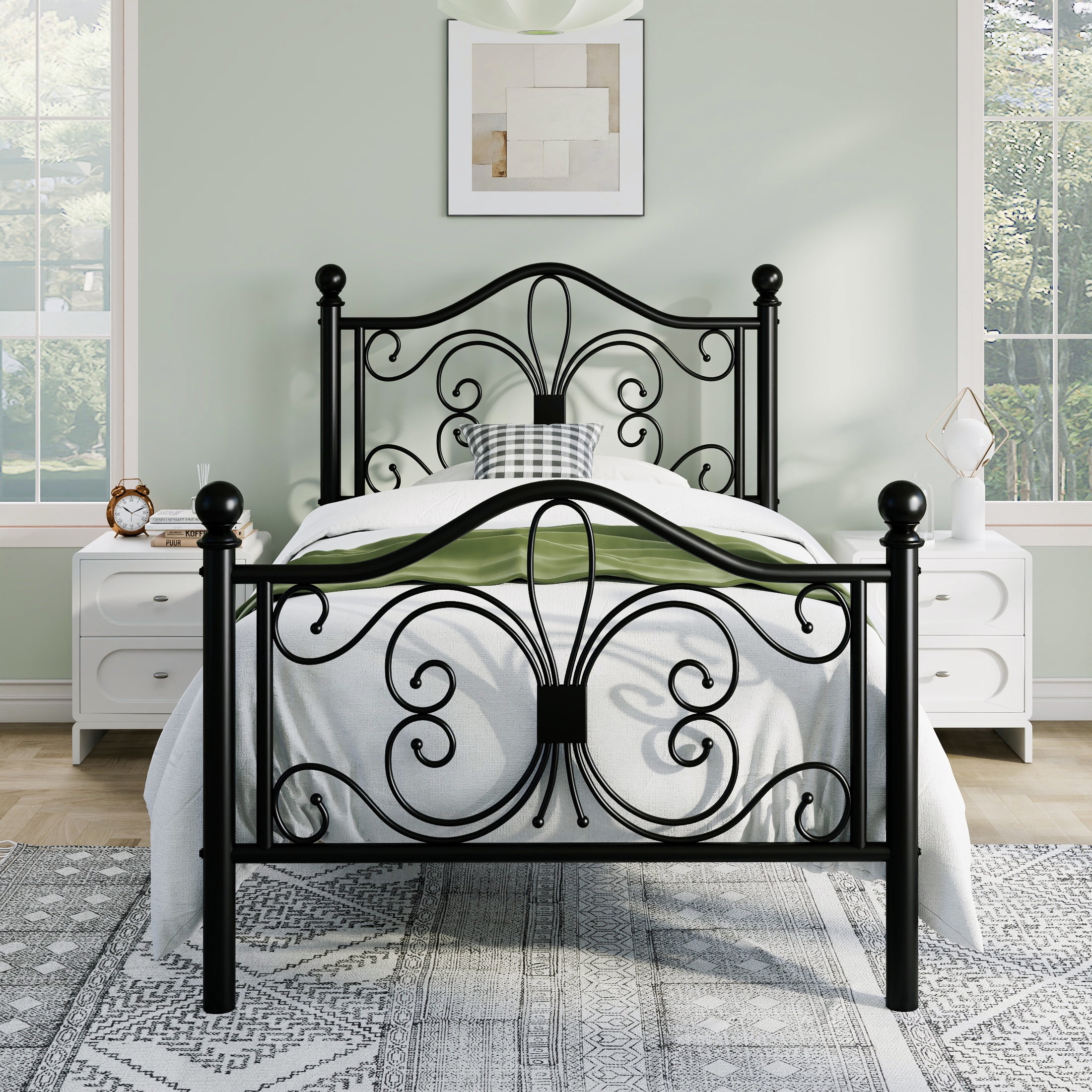 Sha Cerlin Twin Size Metal Platform Bed Frame with Victorian Vintage Butterfly Headboard&Footboard, Black