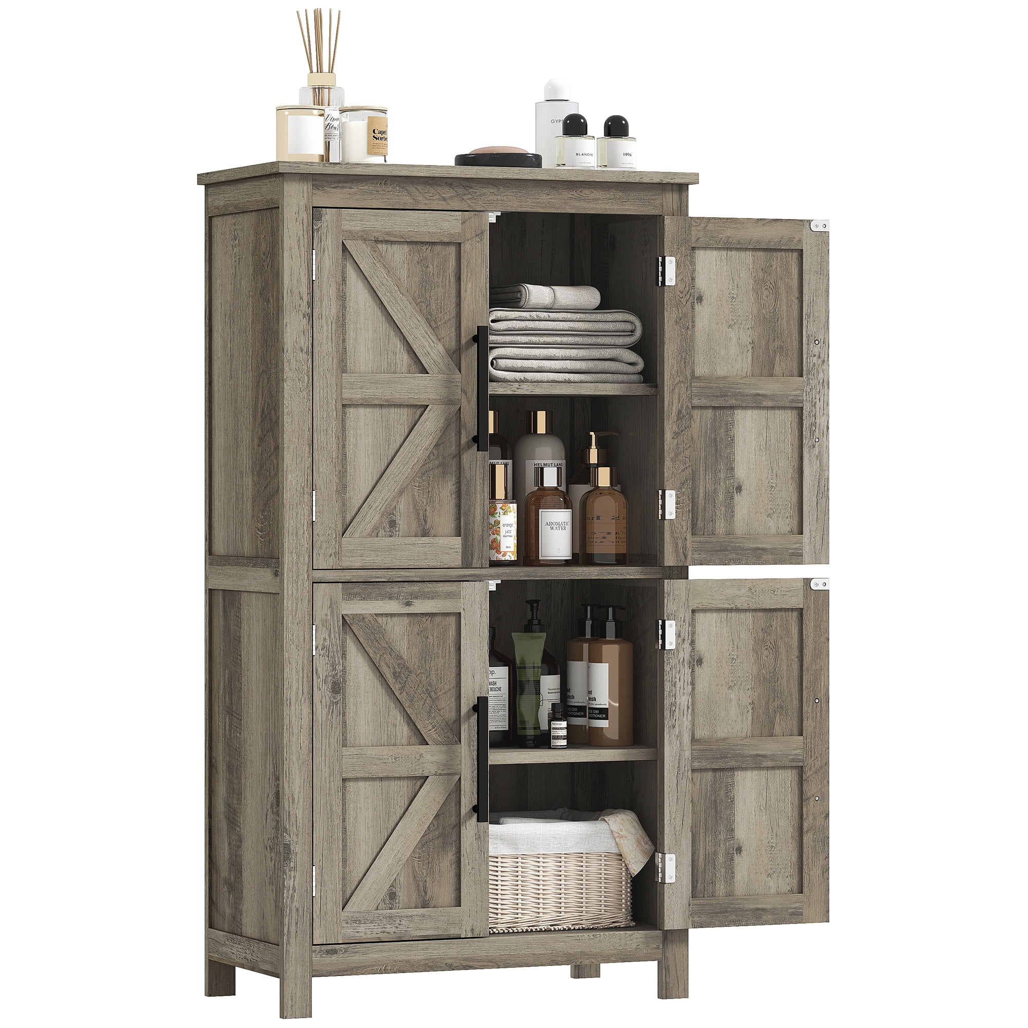 HOMCOM Bathroom Floor Cabinet, Farmhouse Bathroom Cabinet with Barn Doors, Bathroom Storage Cabinet with Adjustable Shelf, Light Gray