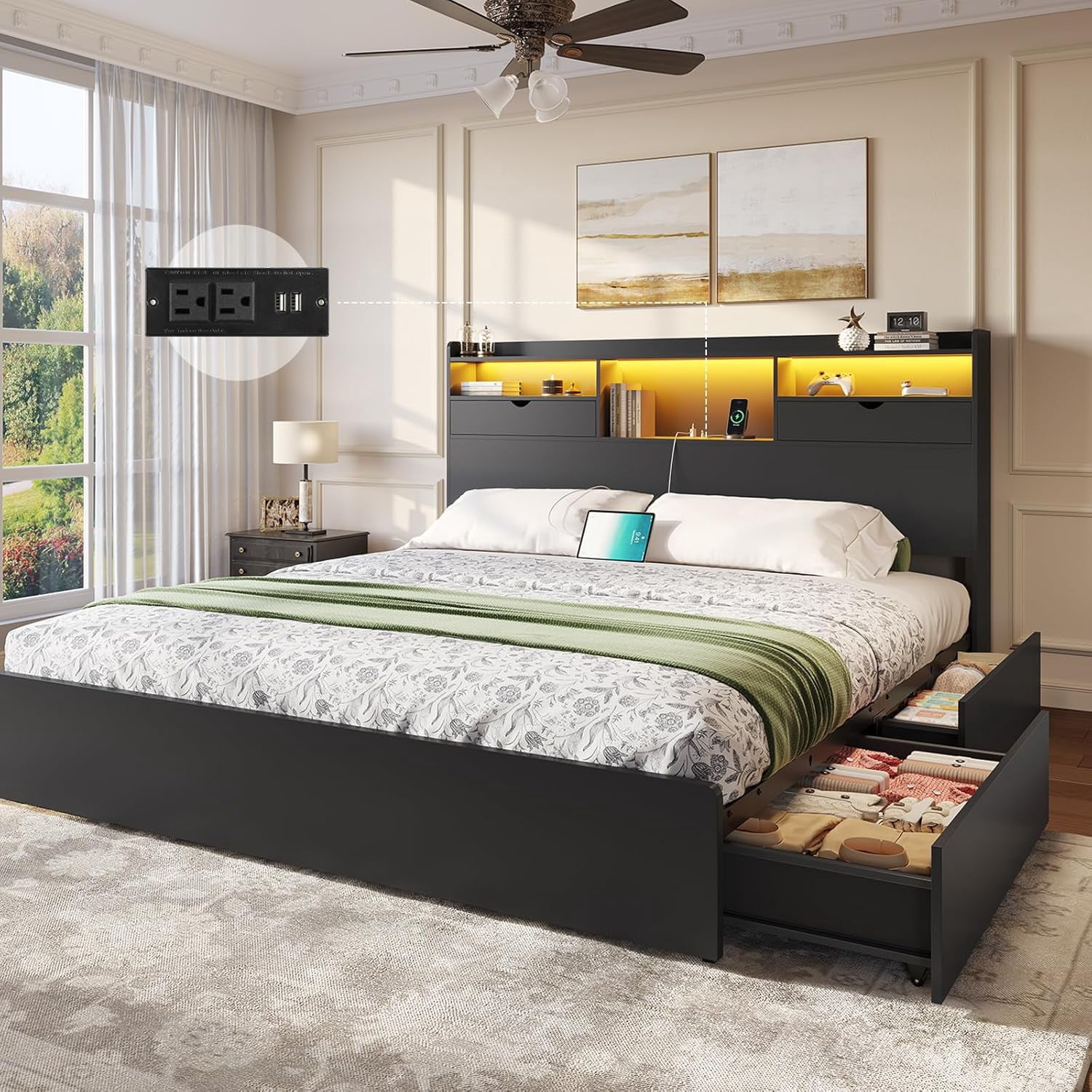 California King Bed Frame with 4 Storage Drawers&Bookcase Headboard, Black Platform Bed Frame with Charging Station and LED Lights, Modern Storage Beds, No Noise, Black