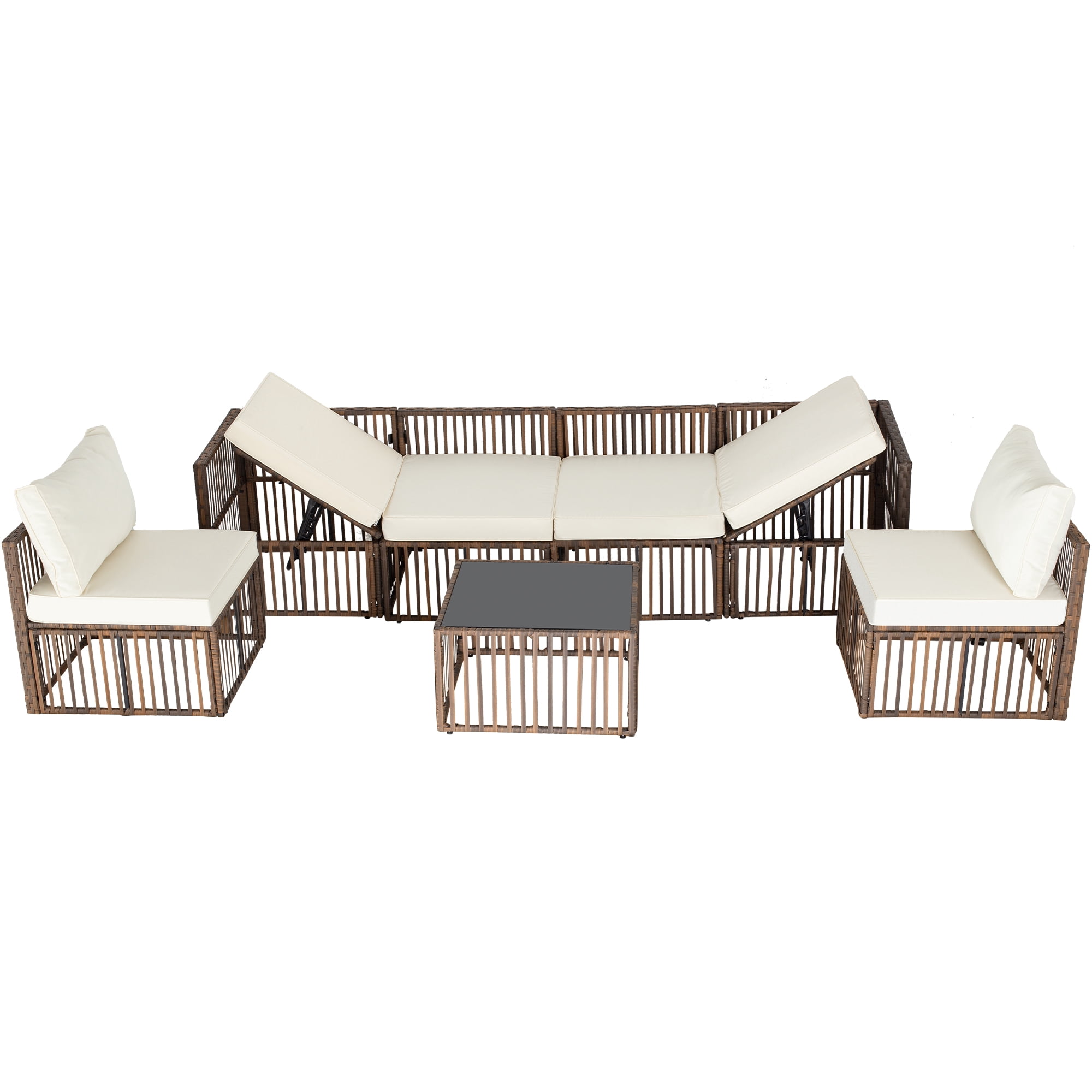 7 Pieces Outdoor Patio Furniture Set, Wicker Outdoor Sectional Conversation Couch Set with Adjustable Backrest Sofa, Cushions & Coffee Table for Outside,Garden,Deck,Brown Wicker/Beige Cushions