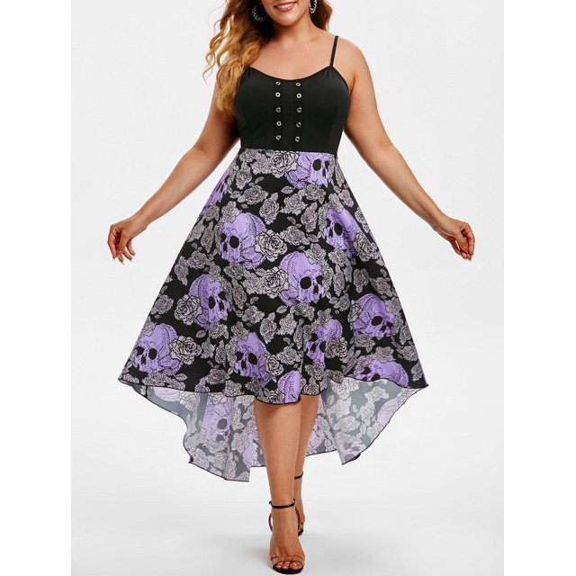 Ojal floral cráneo alto-bajo de Halloween más el vestido Tamaño Rosegal Vestidos casuales de talla grande