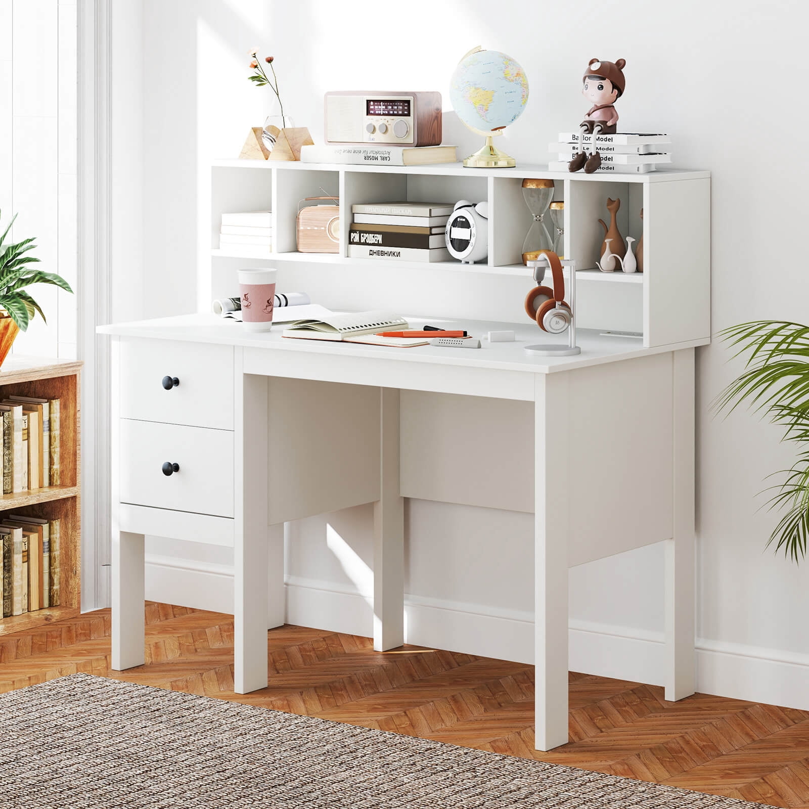 Costway Computer Desk 48" Writing Table w/ Power Outlets 5-Cubby Hutch 2 Storage Drawers White