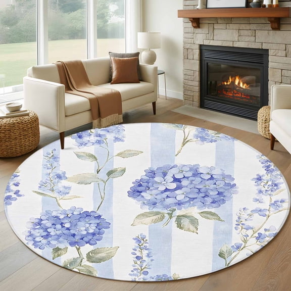 Purple Hydrangea Round Rug 5ft Washable Circle Kitchen Rugs Non Slip Stripe Vintage Floral Large Area Rug Indoor Floor Carpet for Bedroom Living Room Home Office Dining Room Nursery