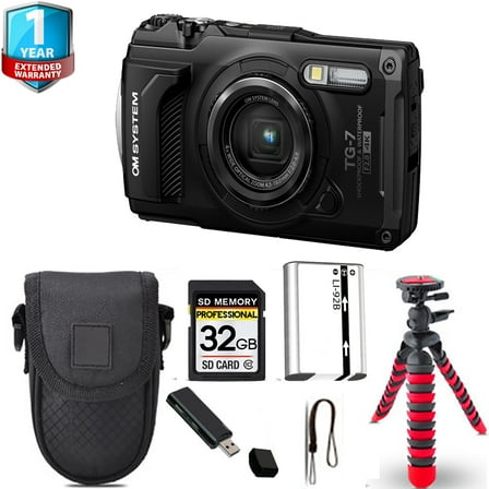 Olympus OM SYSTEM Tough TG-7 Digital Camera (Black)   Spider Tripod   Case - 32GB Kit (International Version)