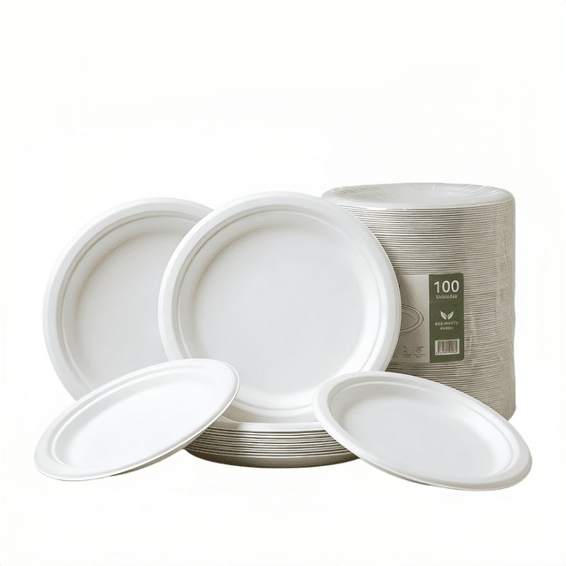 Platos Desechables Blancos 7/9 Pulgadas,100% Compostables | Hechos de Bagazo de Caña de Azúcar | Color Natural | Resistentes a Líquidos| Seguros | Ideales para Comidas al Aire Libre y Fiestas