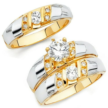 14k Yellow Gold Solitaire 1.10 ct CZ Wedding Band Ring Trio Set 