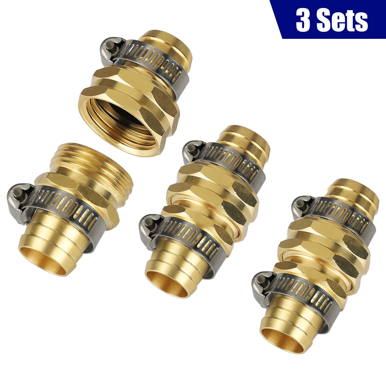 Tsv 3 Sets 3 4 Inch Copper Garden Hose Repair Kit Mender End Water Hose End Mender Female And Male Hose Connector With 6 Pieces Stainless Steel Clamp And 3 O Rings Inside The