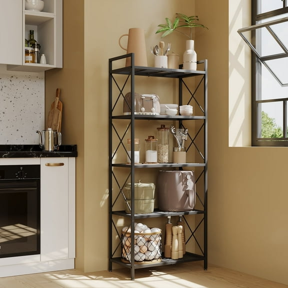 LEDREM 5-Tier Metal Storage Rack with X-Frame Sides, Heavy-Duty Wire Shelving Unit, Slim Organizer for Entryway Kitchen Bathroom Living Room, Industrial Style, Ink Black