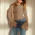 thumbnail image 6 of Womens Mock Neck Bell Long Sleeve T Shirt Lettuce Trim Fitted Shirt Slim Fit Fashion Cocktail Party Going Out Tops, 6 of 7