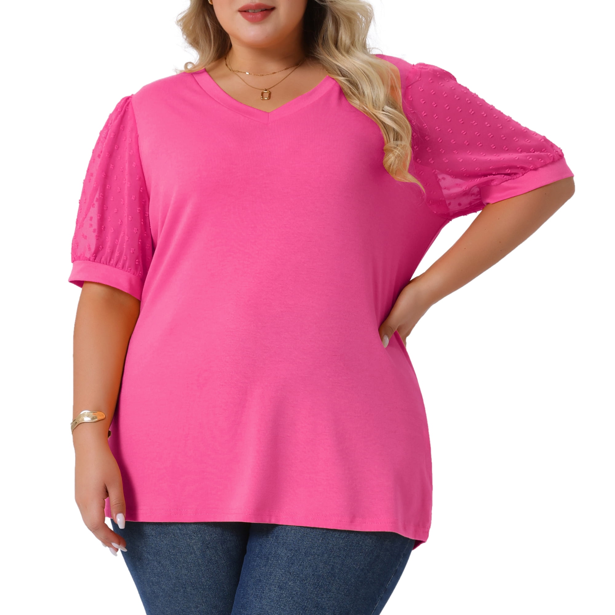 Women's Plus Tops V Neck Swiss Dots Puff Sleeve Casual Blouse Shirt 3X Hot Pink