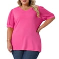 thumbnail image 2 of Women's Plus Tops V Neck Swiss Dots Puff Sleeve Casual Blouse Shirt 3X Hot Pink, 2 of 6