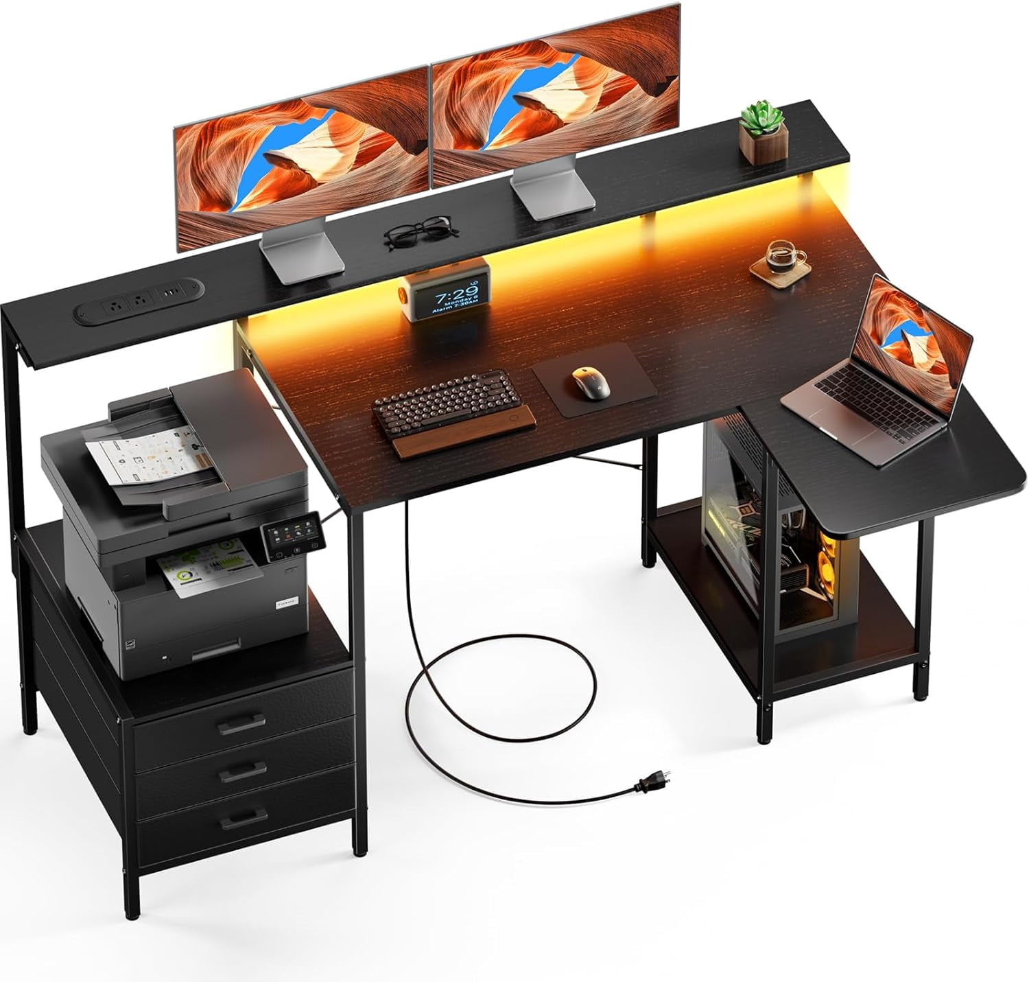 Eunon 71 inch L-Shaped Gaming Desk with Power Outlets LED Computer