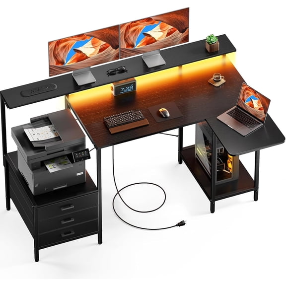 HLDIRECT 55 inch Gaming Desk with Power Outlets & LED Lights, Computer Desk with 3 drawers & Storage Shelves, Gaming Table with Monitor Stand and Foldable Tabletop