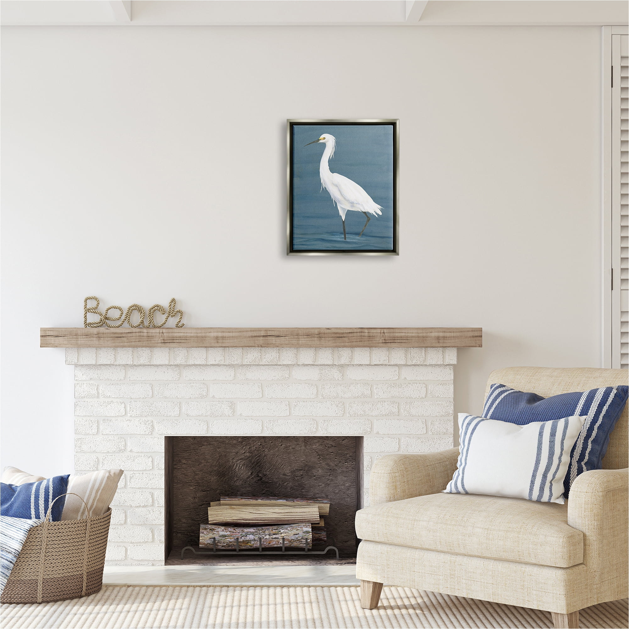 Stupell Industries Egret in Beach Shore Animals & Insects Painting Gray Floater Framed Canvas Art Print Wall Art, 17 x 21
