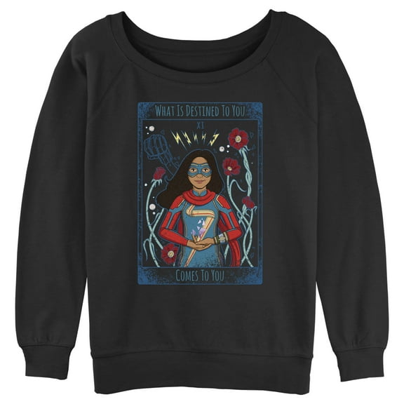 Junior's Marvel: Ms. Marvel Kamala What You Seek Trading Card  Sweatshirt Black 2X Large