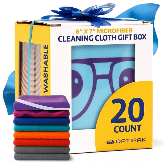 OPTIPAK Microfiber Cleaning Cloth for Glasses – 20 Pack Eyeglass Cleaning Cloths with Gift Box for Eyeglasses, Camera Lens, Phones, Tablets & Screens (Assorted Colors)
