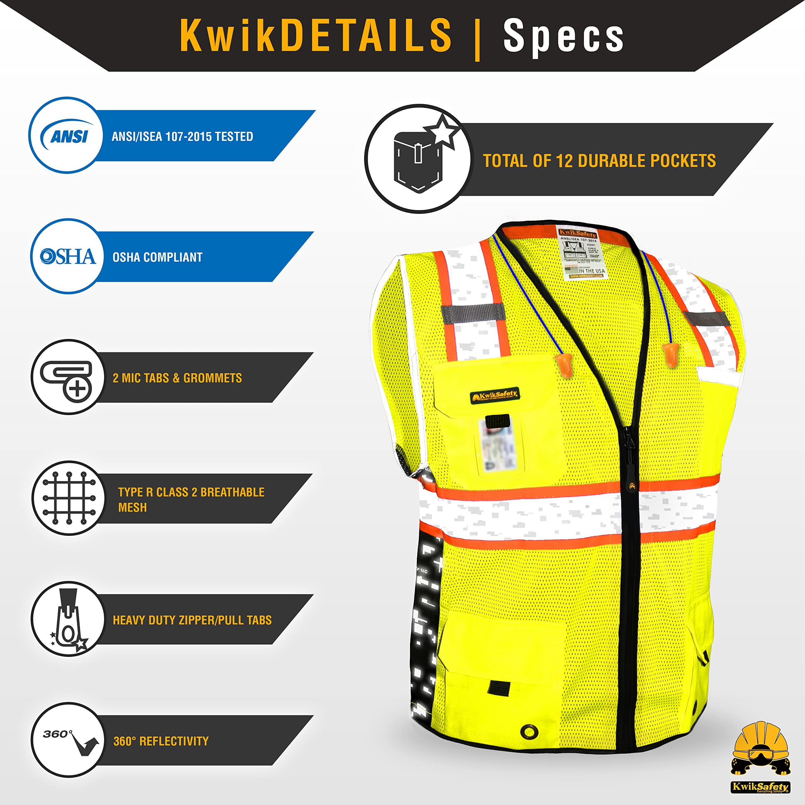 KwikSafety (Charlotte, NC) BIG KAHUNA DIGITAL Safety Vest (LIMITED EDITION) ANSI Class 2 OSHA Reflective High Visibility Heavy Duty Surveyor Construction Mesh Vis Zipper Men Work | Yellow 2X-Large