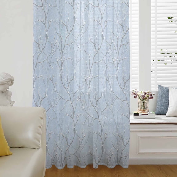 Blue Branches Sheer Curtains 108 Inches Long for Living Room/Bedroom, Vintage Art Farmhouse Rod Pocket Voile Kitchen Curtains & Drapes Window Treatment 1 Panel, 52"W x 108"L