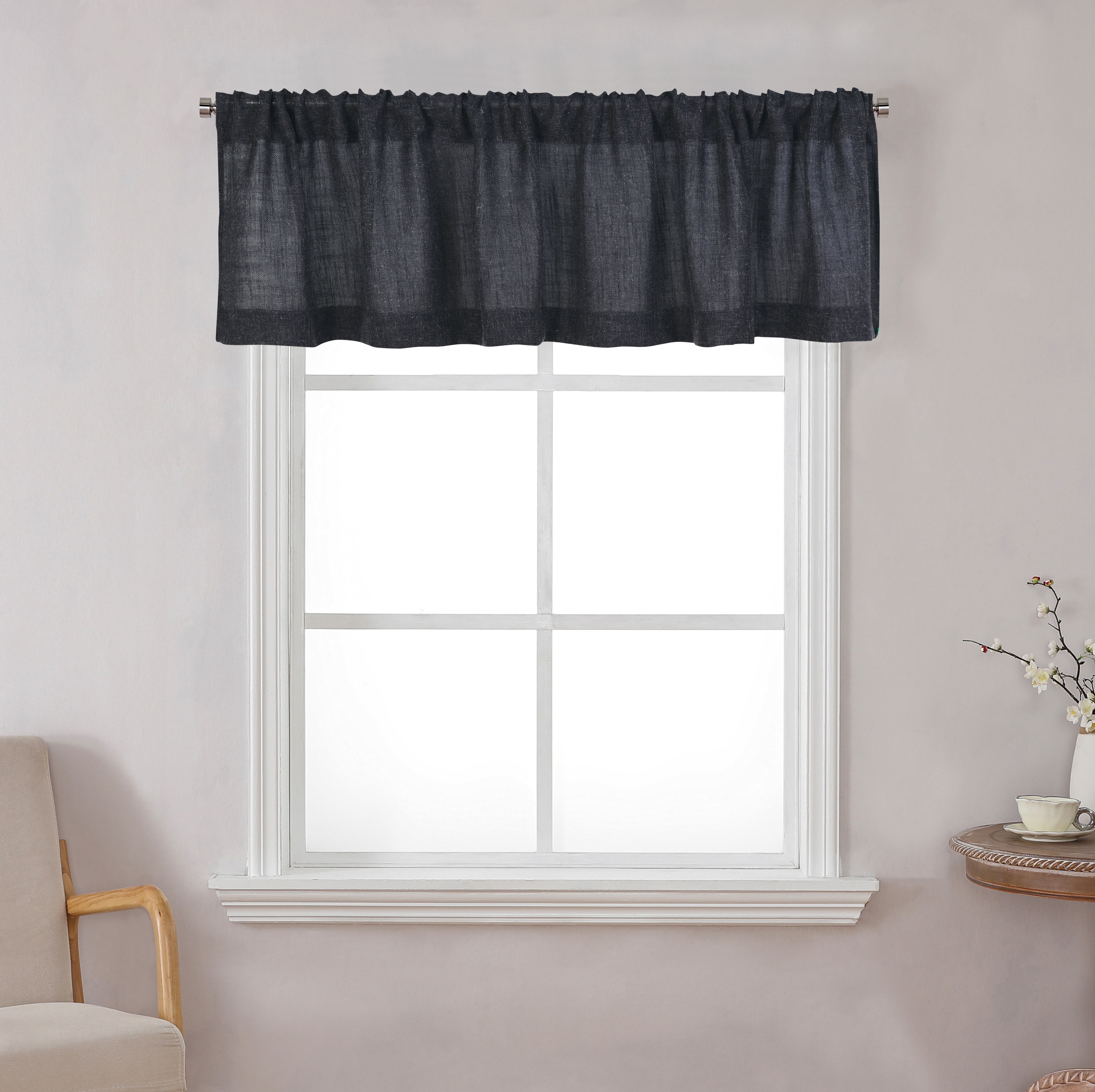 Better Homes & Gardens Linen Blend Light Filtering Rod Pocket Kitchen Curtain Tiers and Valance, Set of 3, Rich Black, 60 W x 36 L