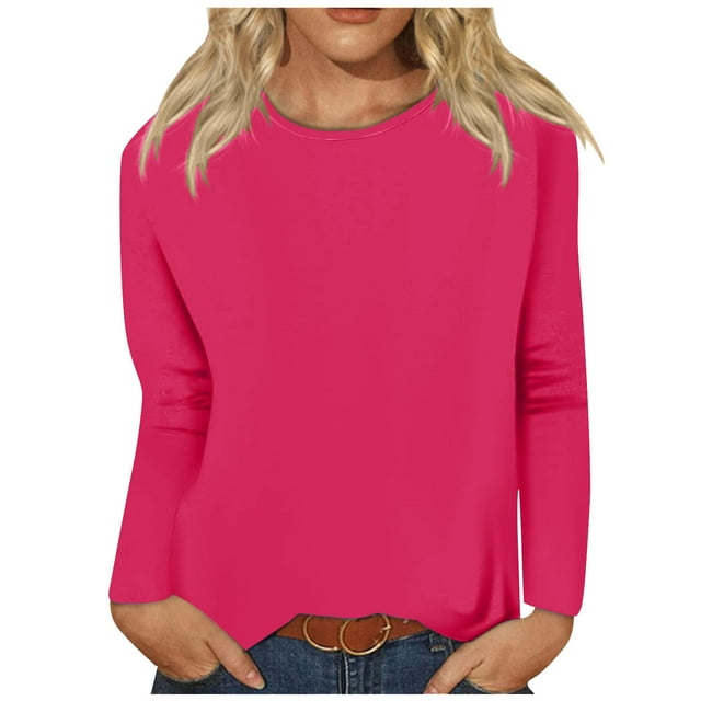 Timegard Womens Tops Long Sleeve Round Neck Solid Color Basic Tee Fall Casual Comfy Loose Tops Blouse