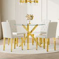 thumbnail image 2 of StnTalk 39″ Round Glass Dining Table Set for 4 with White Faux Leather Chairs, Modern Tempered Glass Kitchen & Dining Room Table with Gold Metal Base and Upholstered Seating ﻿, 2 of 10